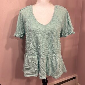 Torrid Cotton Modal Slub Smocked Short Sleeve Babydoll Top in Canal Blue